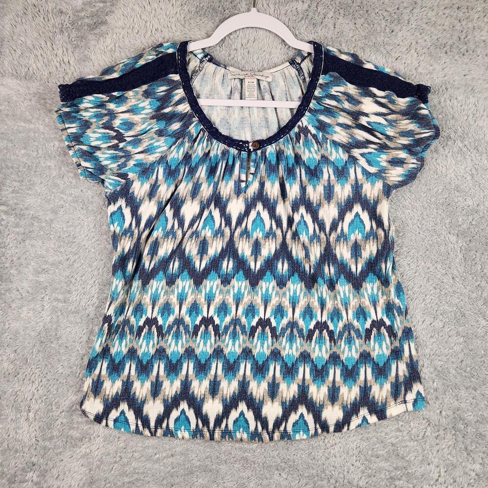 Vintage French Laundry Blouse Womens Petite P/M Blue Ikat Crochet Top Dolman Y2k